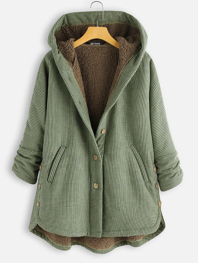 Women's Winter Plaid Button Solid Color Hooded Sweaters