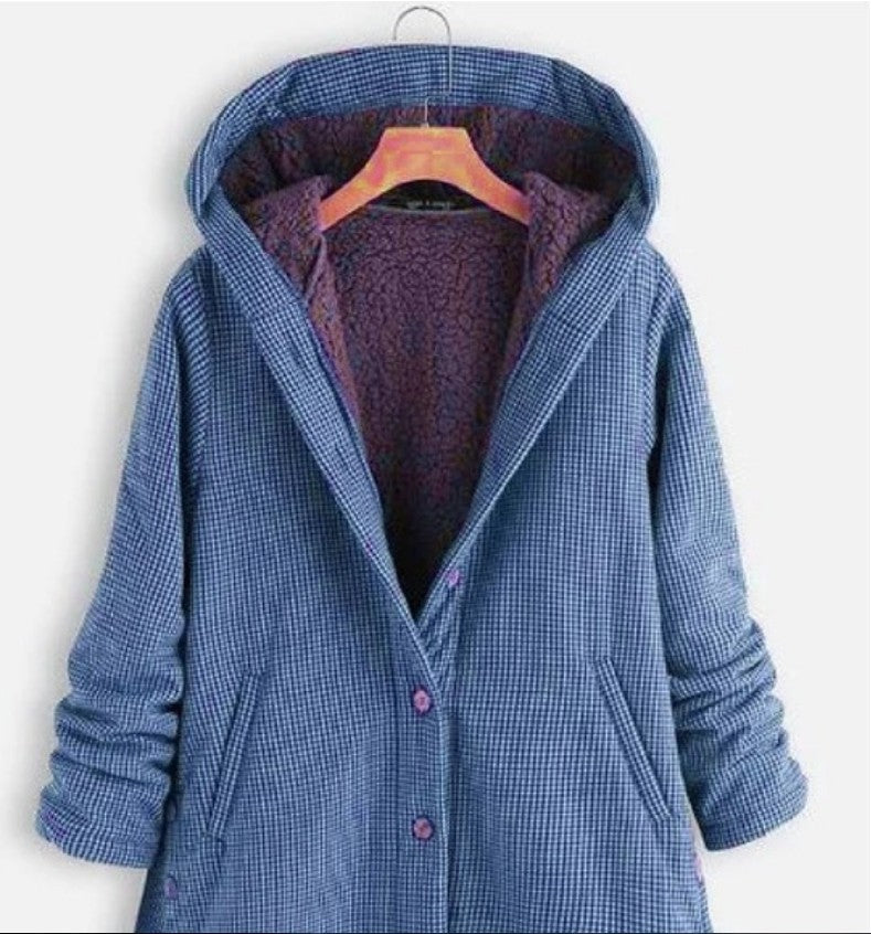 Women's Winter Plaid Button Solid Color Hooded Sweaters