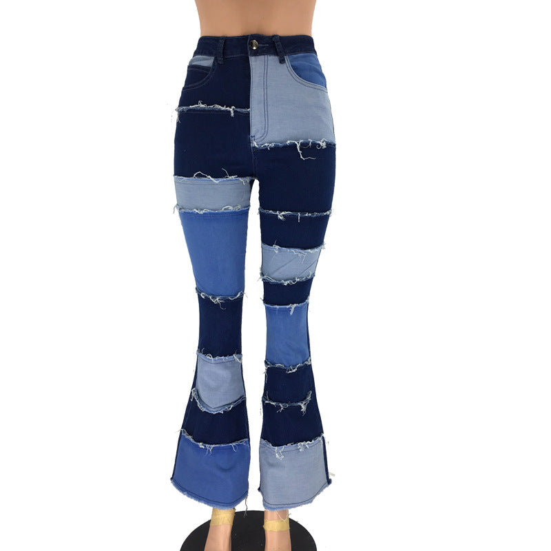 Women's Color Contrast Patchwork High Waist Tight Hip Horn Jeans