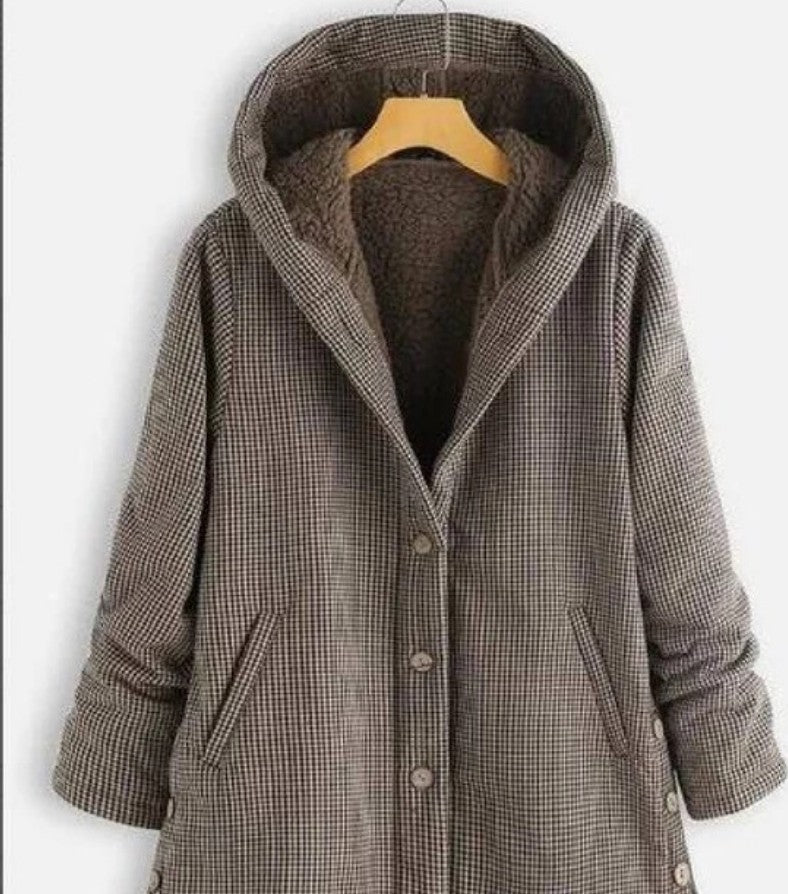 Women's Winter Plaid Button Solid Color Hooded Sweaters