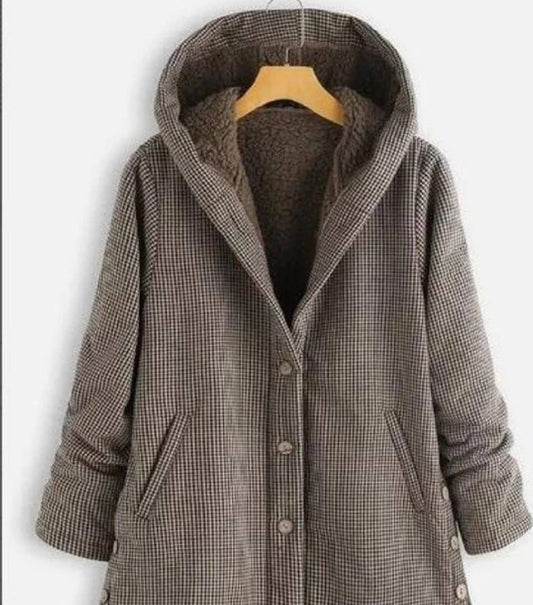 Women's Winter Plaid Button Solid Color Hooded Sweaters