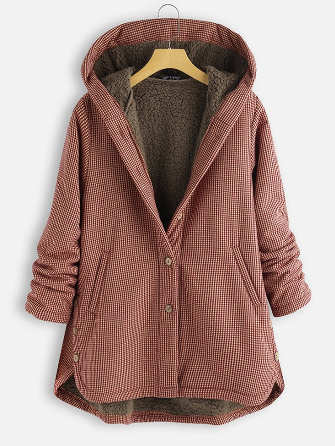 Women's Winter Plaid Button Solid Color Hooded Sweaters