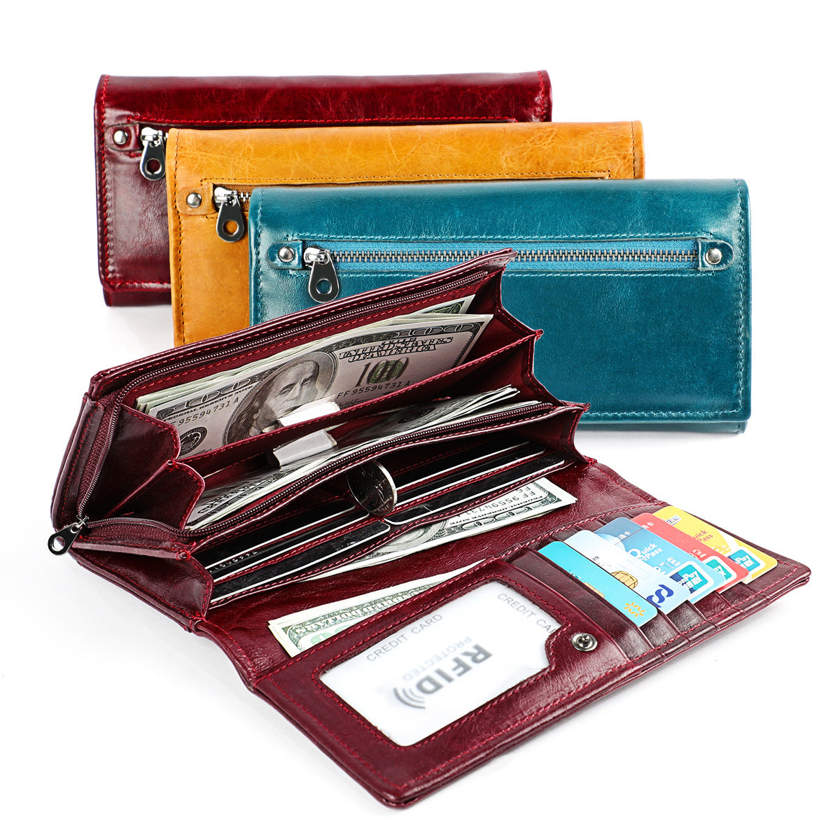 Women's Long Leather Retro First Layer Cowhide Ladies Wallets