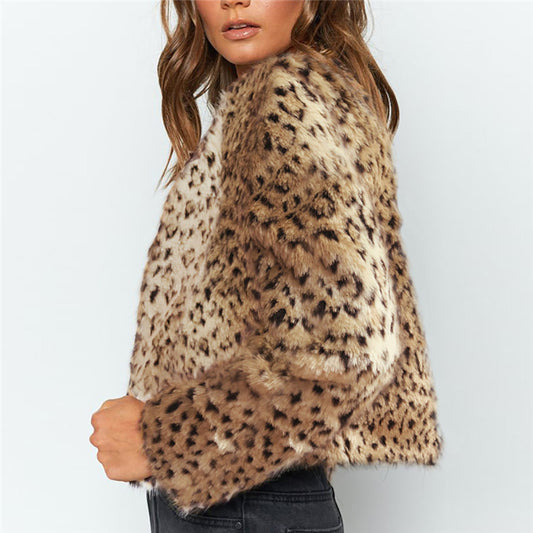 Women's Leopard Fur Slim Imitation Plush Autumn Coats