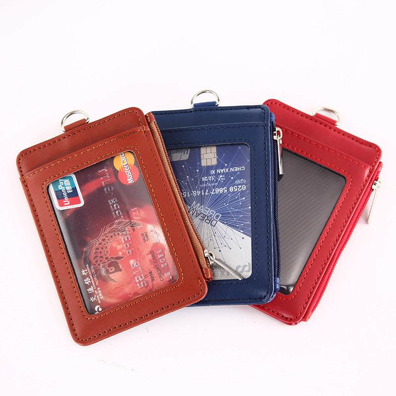 Leather Zipper Work Lanyard Staff Cover Card Holder