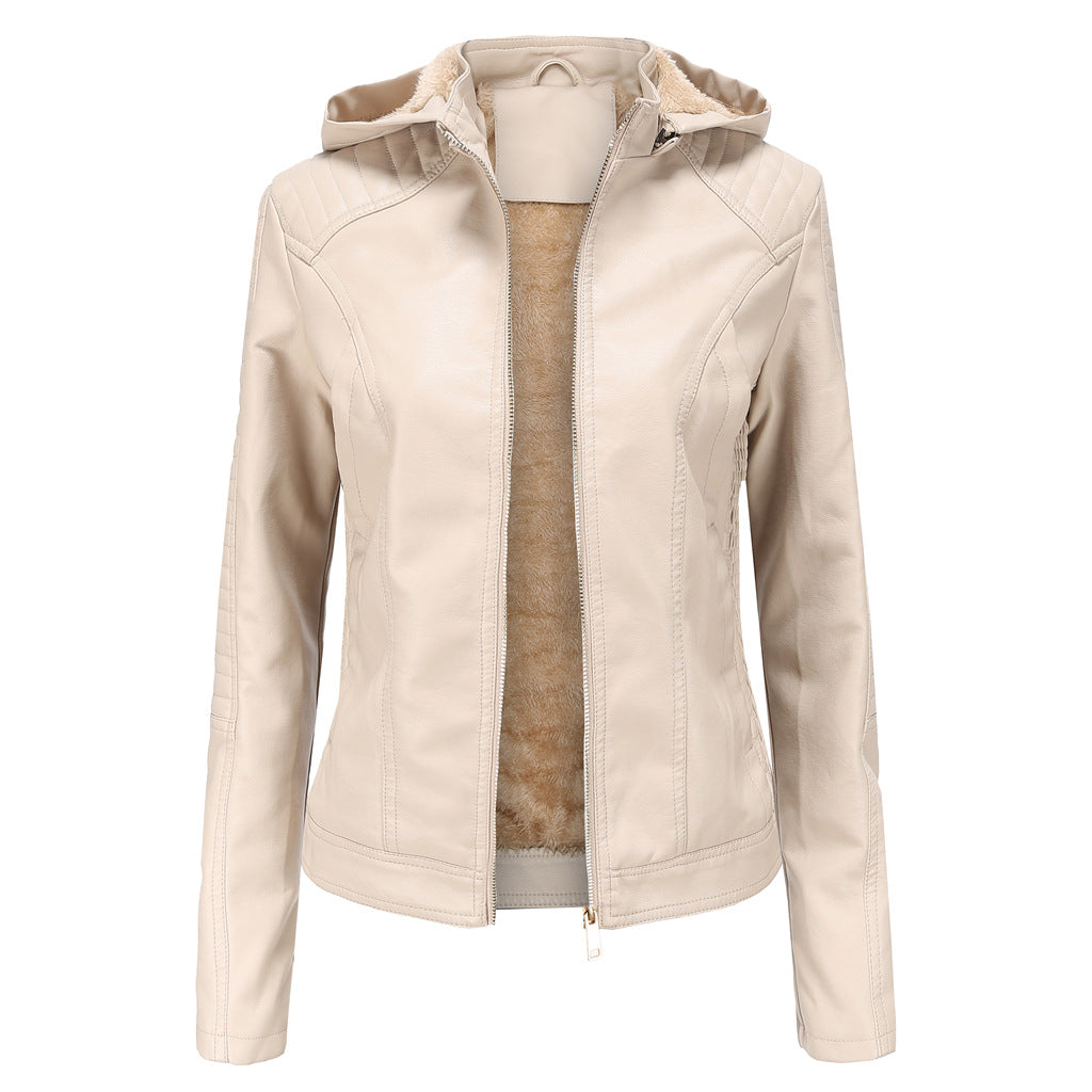 Women's Fleece-lined Leather Hooded Warm Leisure Plus Size