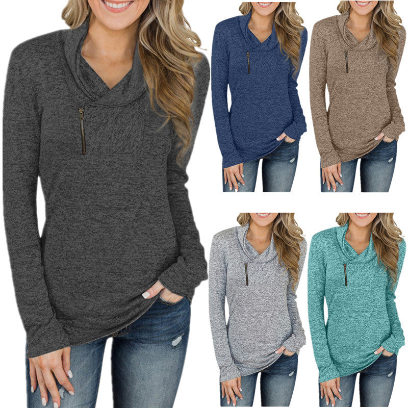 Women's Color Long Sleeve Pullover Zipper Slim Tops
