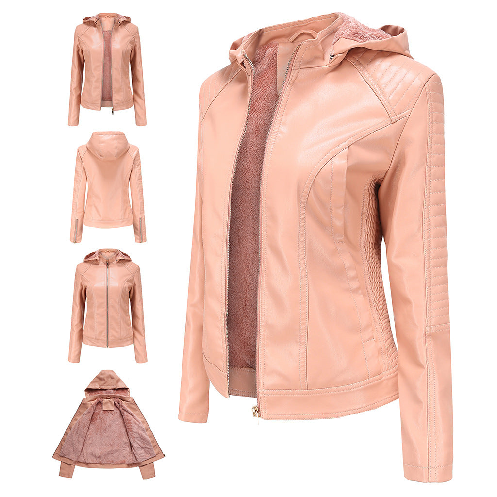 Women's Fleece-lined Leather Hooded Warm Leisure Plus Size