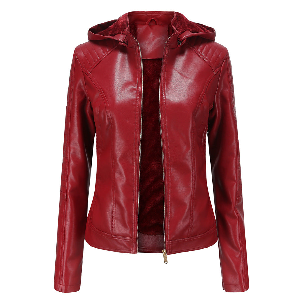 Women's Fleece-lined Leather Hooded Warm Leisure Plus Size
