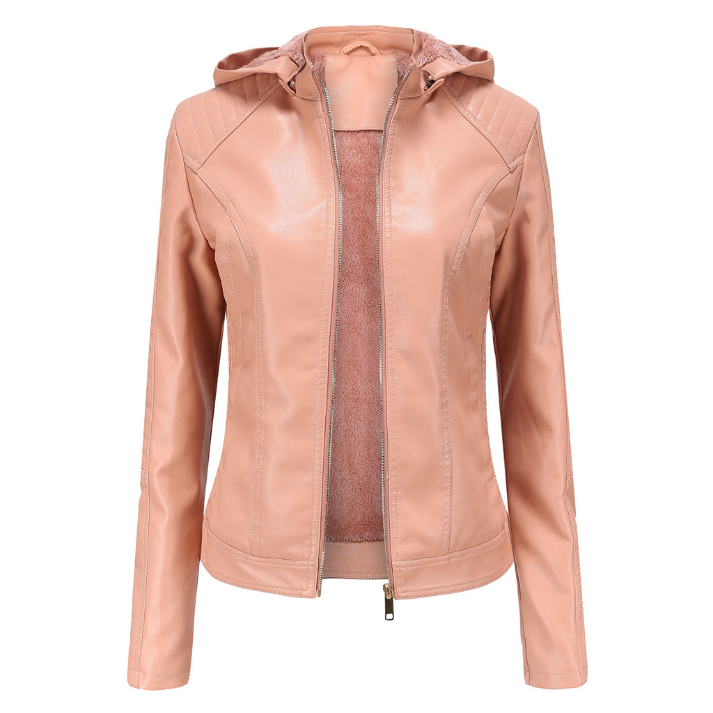 Women's Fleece-lined Leather Hooded Warm Leisure Plus Size