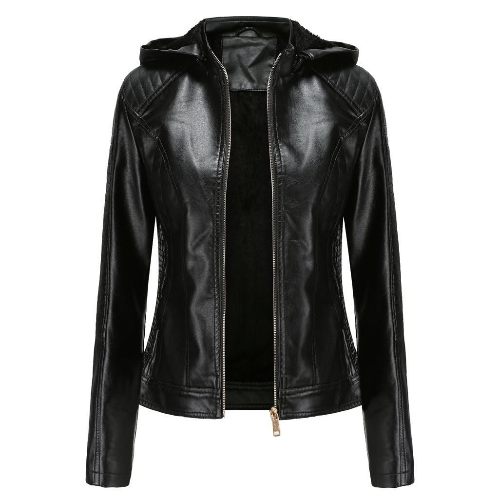 Women's Fleece-lined Leather Hooded Warm Leisure Plus Size