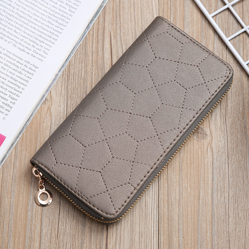 Women's Zipper Solid Color Embroidered Mid-length Lychee Ladies Wallets