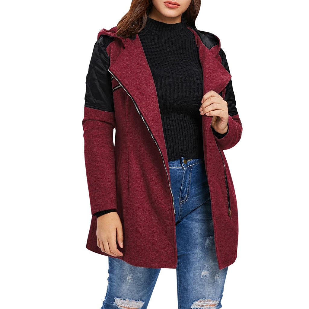 Women's Mid-length Hooded Loose Oblique Zipper Woolen Coats