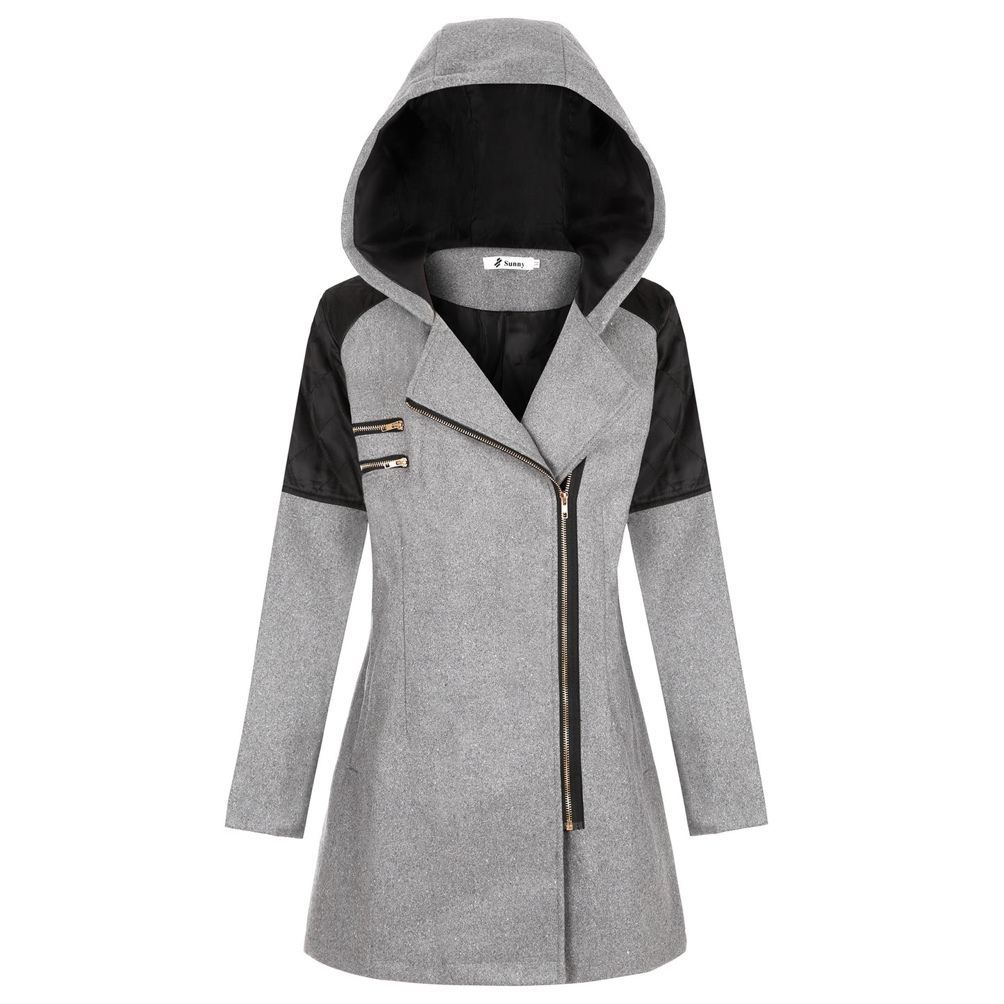 Women's Mid-length Hooded Loose Oblique Zipper Woolen Coats