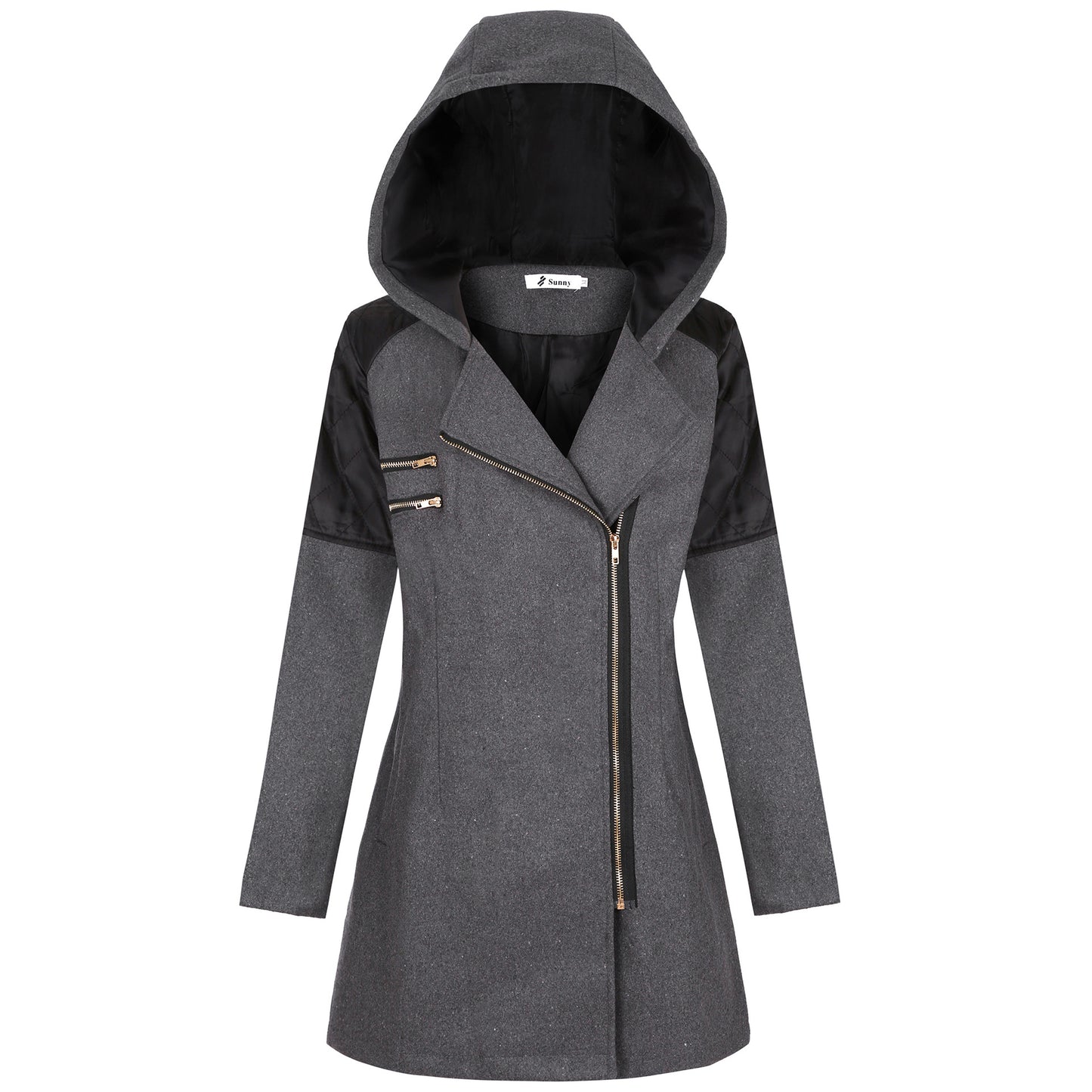 Women's Mid-length Hooded Loose Oblique Zipper Woolen Coats