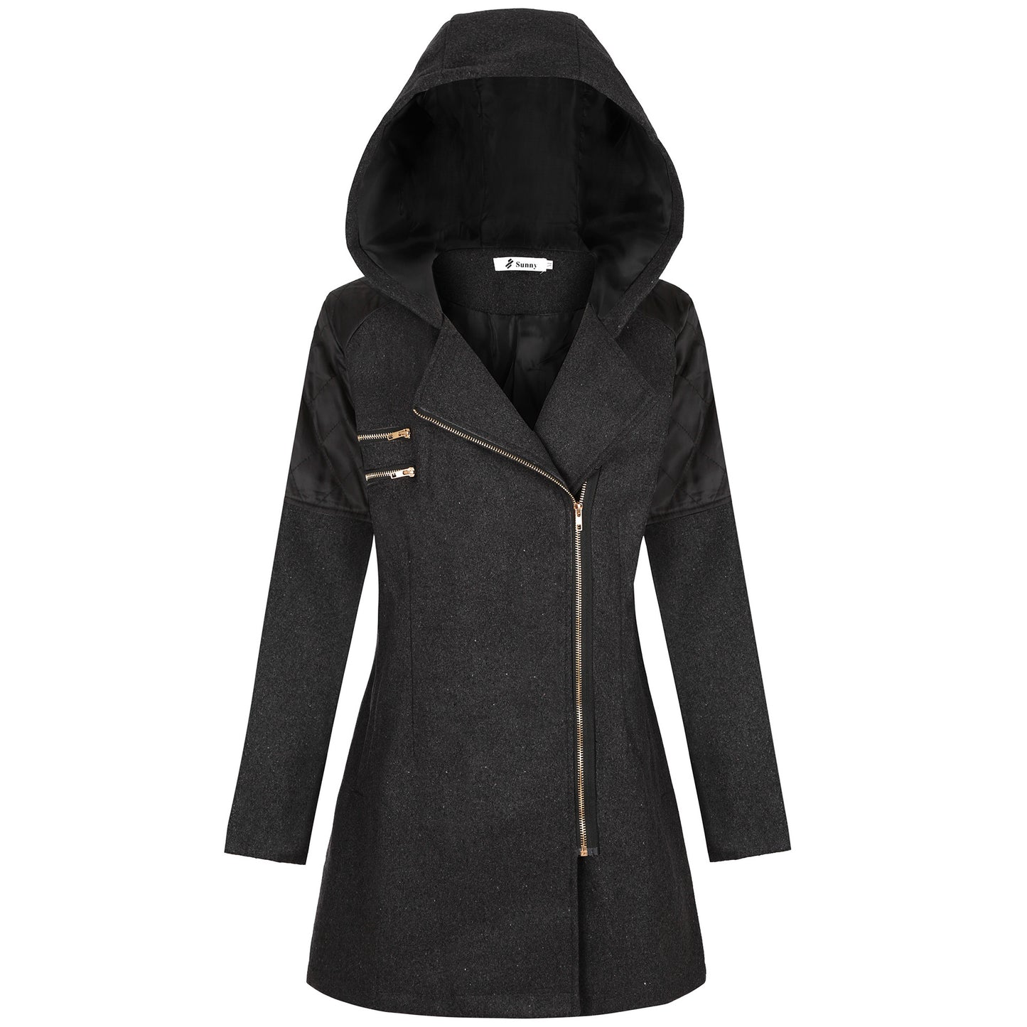 Women's Mid-length Hooded Loose Oblique Zipper Woolen Coats