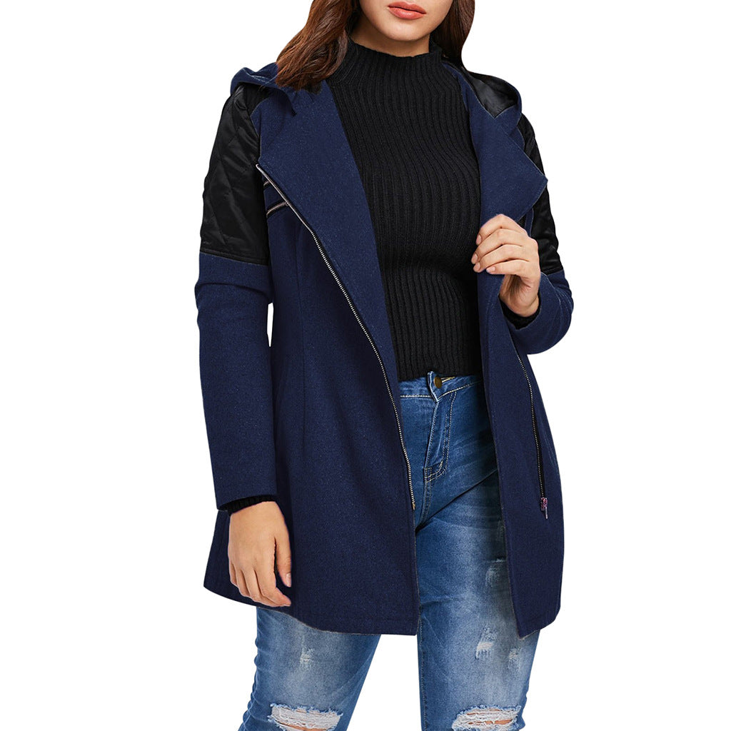Women's Mid-length Hooded Loose Oblique Zipper Woolen Coats