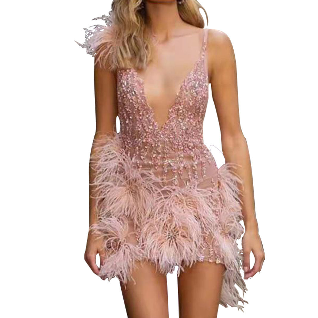 Women's Feather Slip Dress Deep Sexy Nightclub Dresses