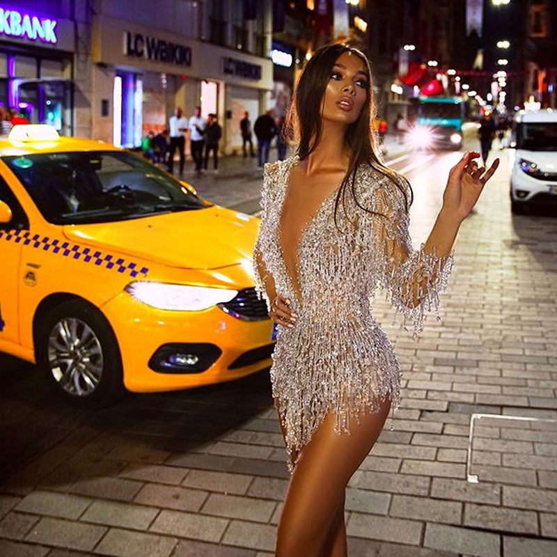Women's Sexy Sequined Tassel Deep V Miniskirt Dresses
