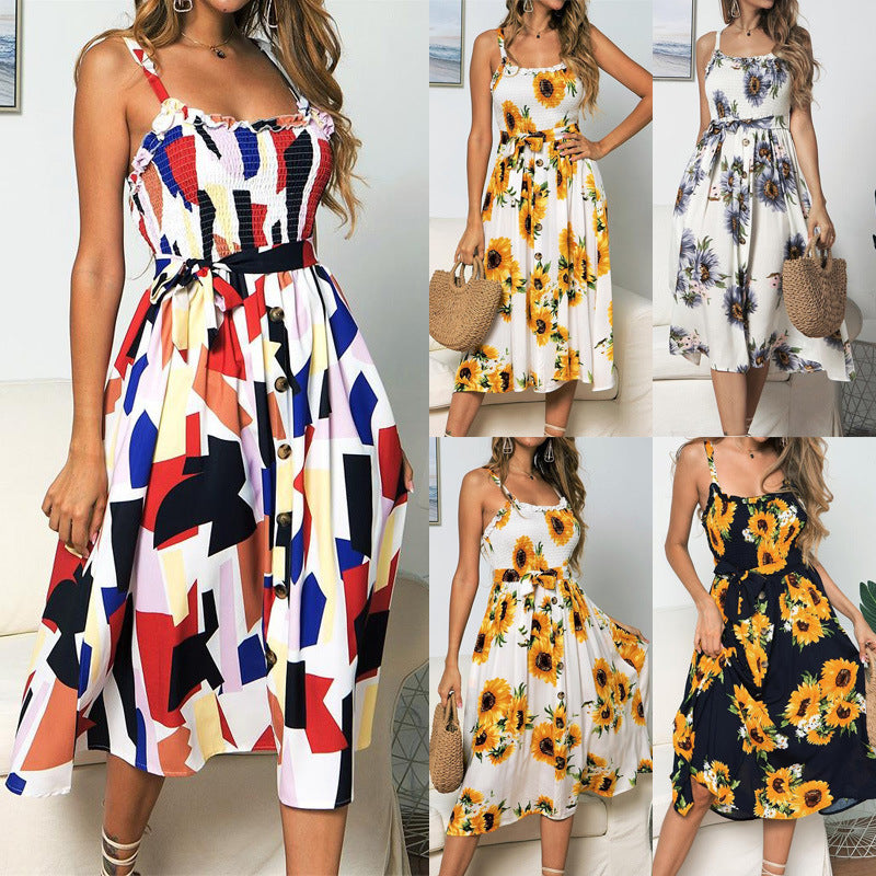Durable Graceful Suspender Smocking Sunflower Print Dress