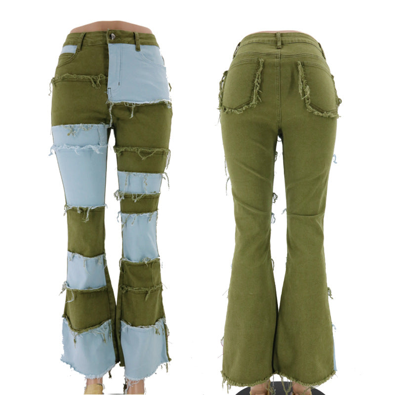 Women's Color Contrast Patchwork High Waist Tight Hip Horn Jeans