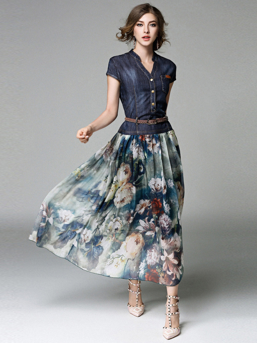 Women's Denim Printed Dress Summer Slim Fit Dresses