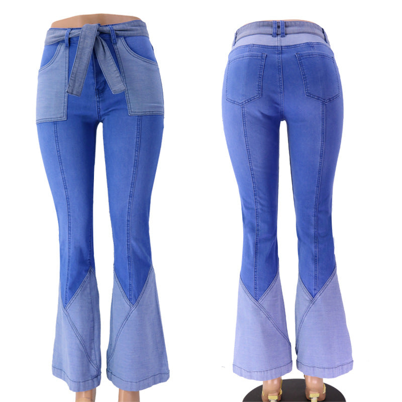 Women's Waist Two-color Stitching Belt Quality Denim Pants