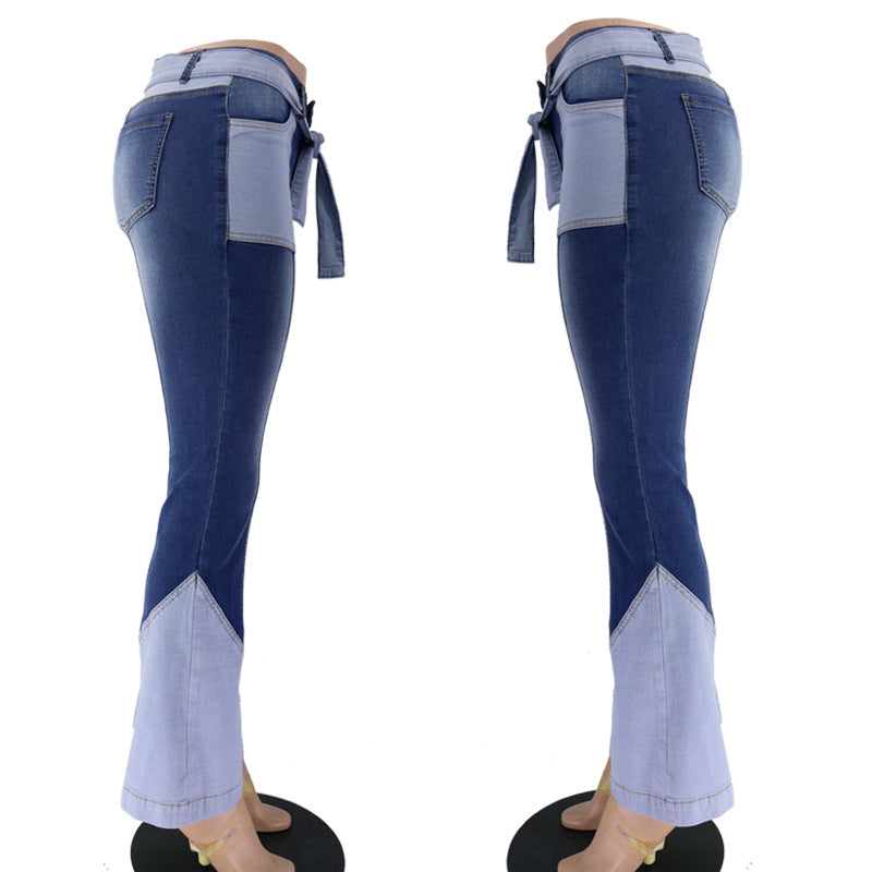Women's Waist Two-color Stitching Belt Quality Denim Pants