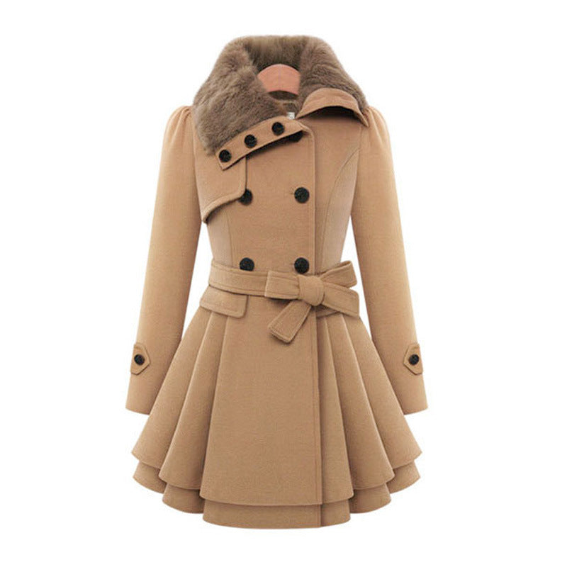 Women's Large Mid-length Woolen Double-breasted Padded Fur Coats