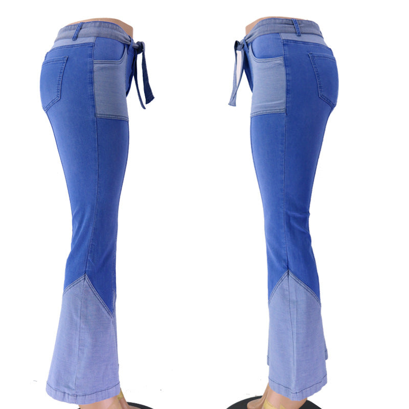 Women's Waist Two-color Stitching Belt Quality Denim Pants