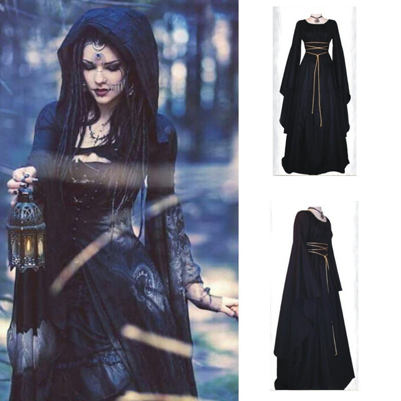 Women's Solid Color Round Neck Long Sleeve Belt Death Dress
