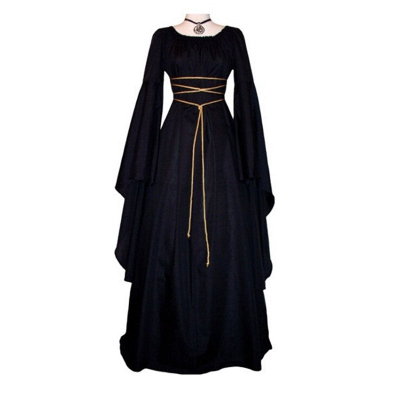 Women's Solid Color Round Neck Long Sleeve Belt Death Dress