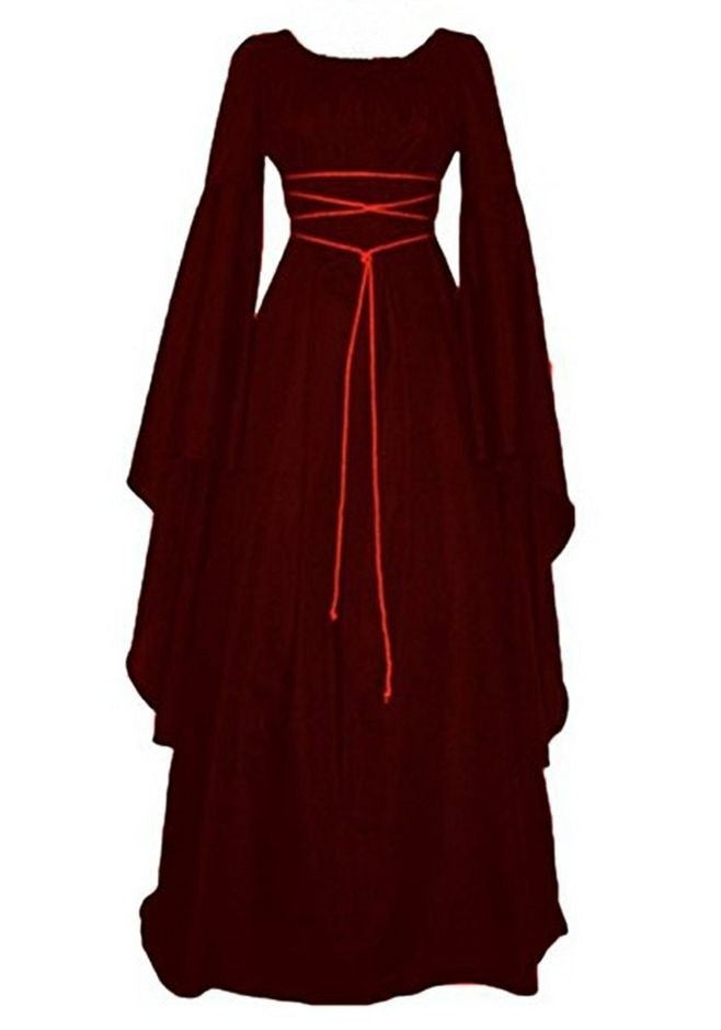 Women's Solid Color Round Neck Long Sleeve Belt Death Dress