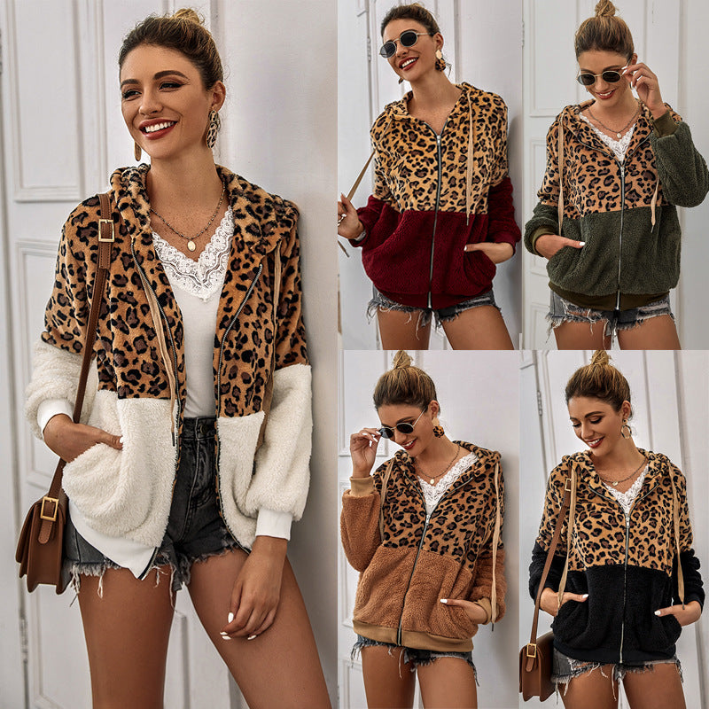Women's Leopard Splicing Winter Thick Fleece Furry Women's Sweater, Sweater