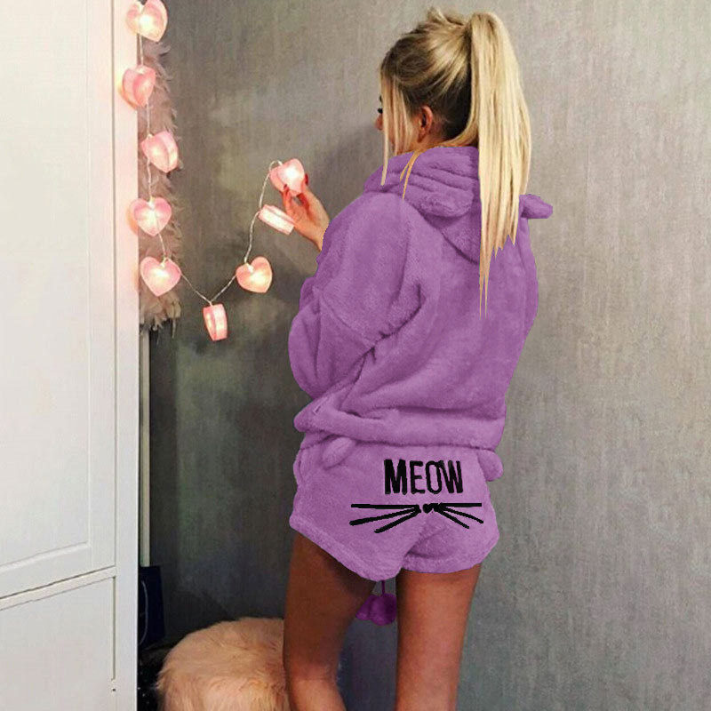 Women's Autumn Cat Embroidery Pajamas Hooded Casual Two-piece Women's Sweater, Sweater