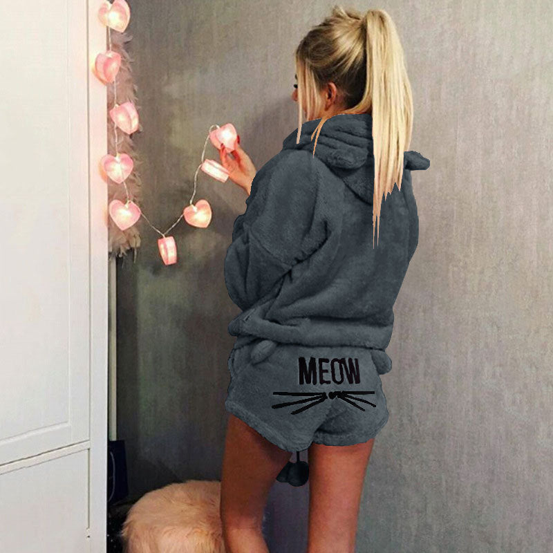 Women's Autumn Cat Embroidery Pajamas Hooded Casual Two-piece Women's Sweater, Sweater