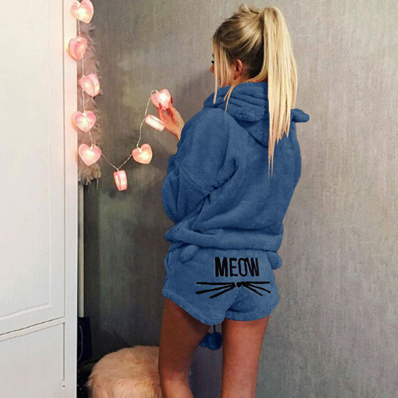Women's Autumn Cat Embroidery Pajamas Hooded Casual Two-piece Women's Sweater, Sweater