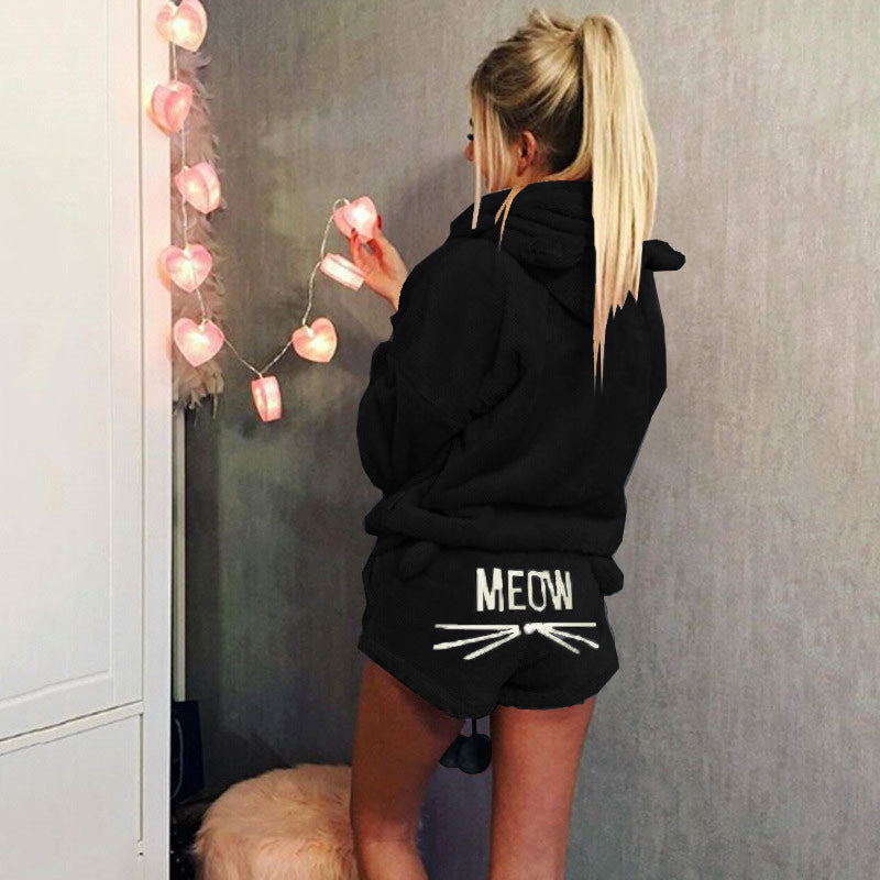 Women's Autumn Cat Embroidery Pajamas Hooded Casual Two-piece Women's Sweater, Sweater