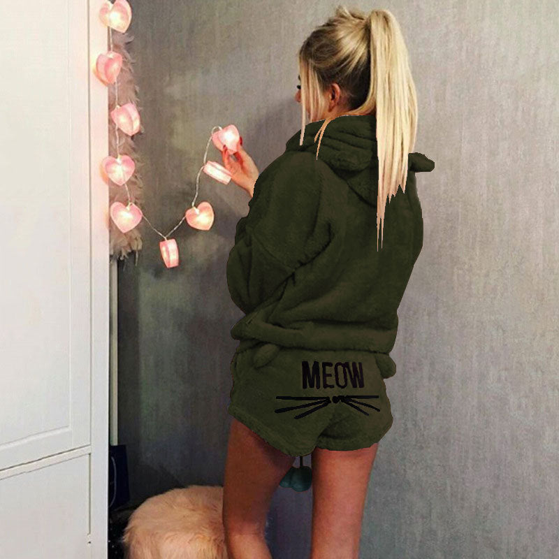 Women's Autumn Cat Embroidery Pajamas Hooded Casual Two-piece Women's Sweater, Sweater