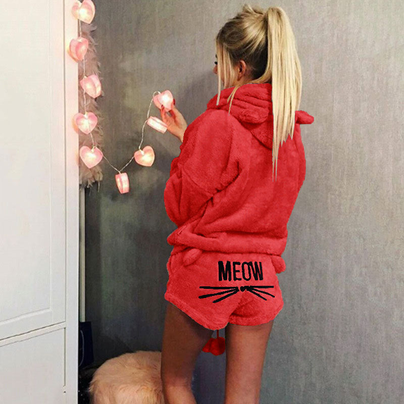 Women's Autumn Cat Embroidery Pajamas Hooded Casual Two-piece Women's Sweater, Sweater