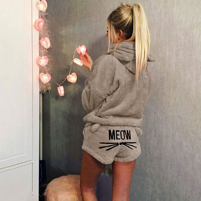Women's Autumn Cat Embroidery Pajamas Hooded Casual Two-piece Women's Sweater, Sweater