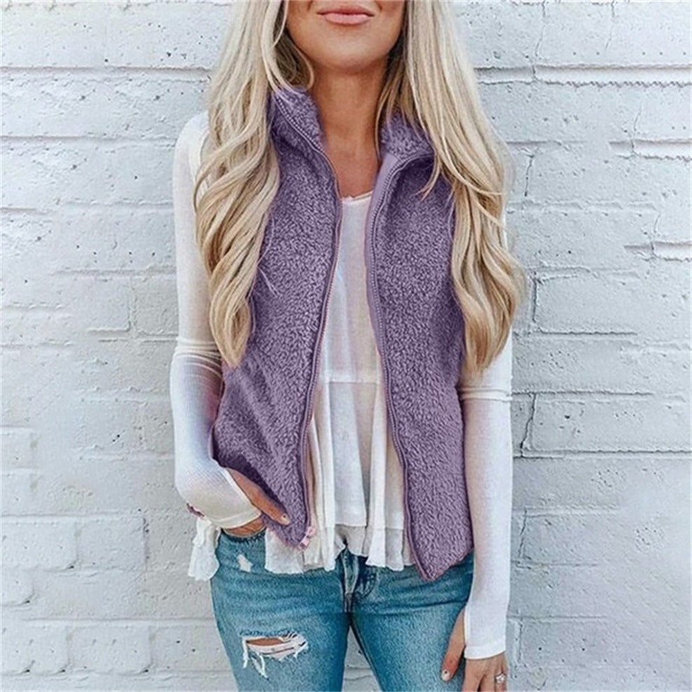 Graceful Charming Women's Pocket Zipper Plush Vests