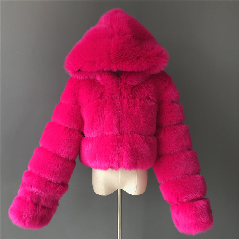 Women's Fur Hooded Faux Imitation Fox Long Coats