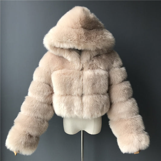 Women's Fur Hooded Faux Imitation Fox Long Coats