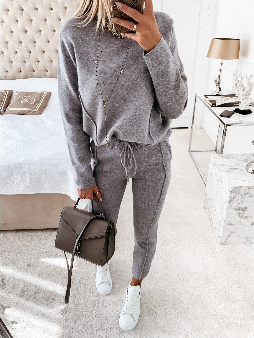 Women's Turtleneck Long Sleeve Pocket Trousers Two-piece Suits