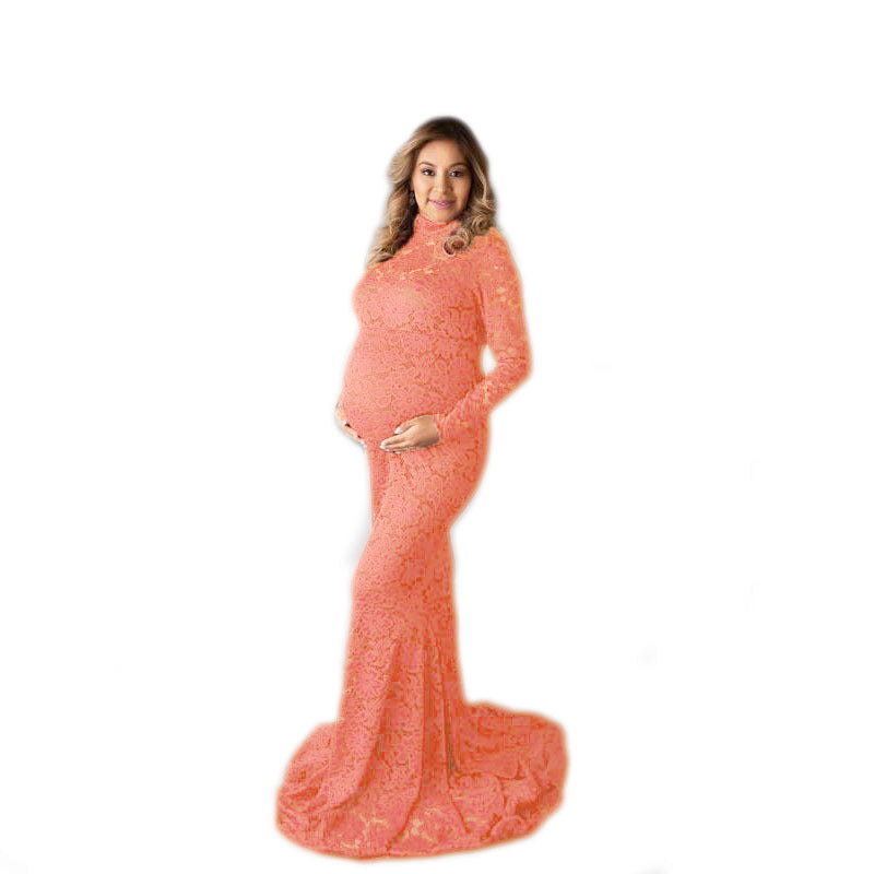 Women's Lace Long Sleeve Turtleneck Trailing Dress Dresses