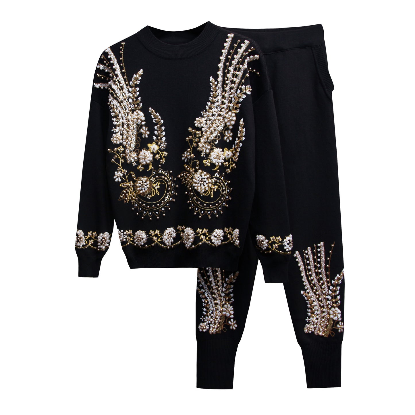 Women's Autumn Sequin Bead Long-sleeved Trousers Two-piece Suits