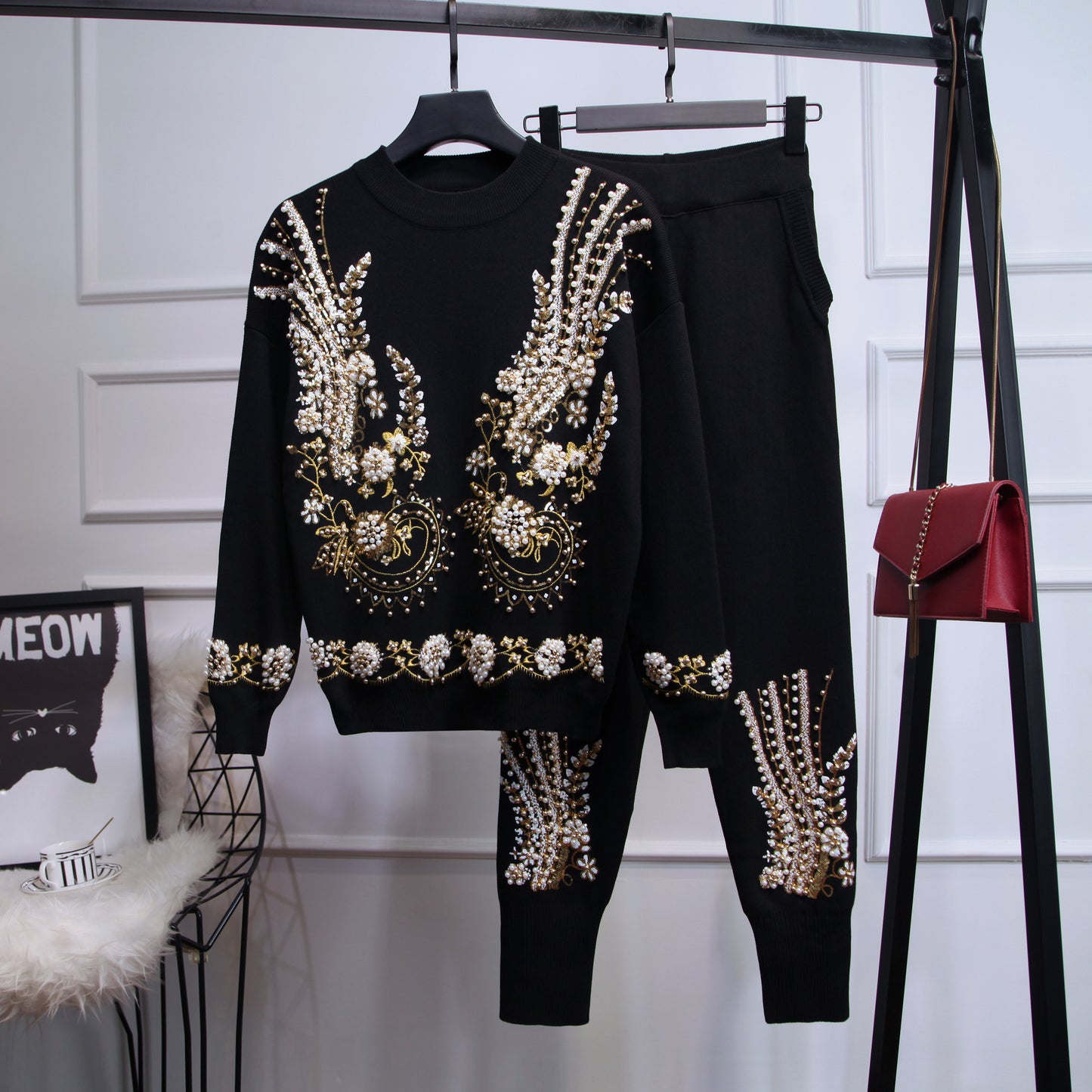 Women's Autumn Sequin Bead Long-sleeved Trousers Two-piece Suits