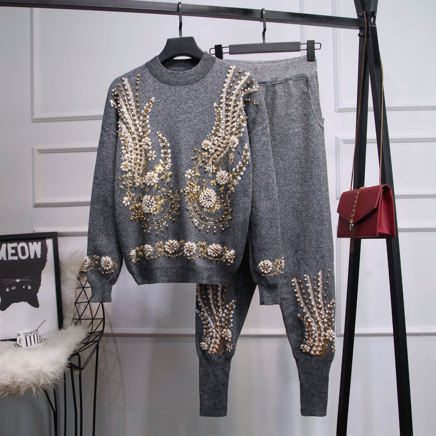 Women's Autumn Sequin Bead Long-sleeved Trousers Two-piece Suits