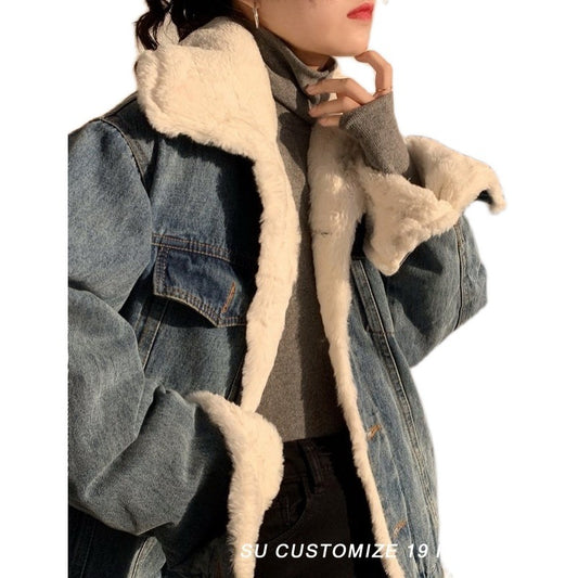 Women's Fleece-lined Thick Lamb Wool Denim Loose Korean Style Coats